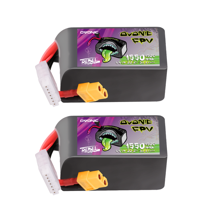 2×Ovonic Rebel 2.0 6S Lipo Battery 1550mAh 6S1P 150C 22.2V FPV LiPo Battery with XT60 Plug for FPV Racing Freestyle 5-6 inch quad Long Range Drone