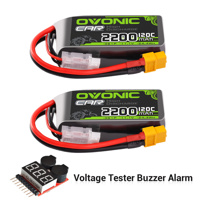 2X OVONIC 11.1V 120C 2200mah 3S Shorty Lipo Battery XT60 Plug With 1-8S Lipo Voltage Tester