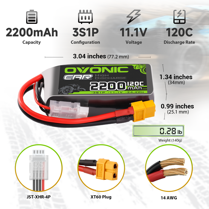 2X OVONIC 11.1V 120C 2200mah 3S Shorty Lipo Battery XT60 Plug With 1-8S Lipo Voltage Tester