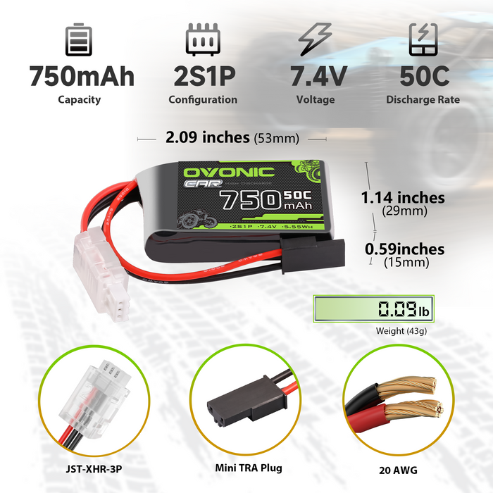 2×Ovonic 2S Lipo Battery 750mAh 2S1P 50C 7.4V RC CAR Lipo Battery With TRX Plug for 1/18 Monster Truck RC Car Trucks