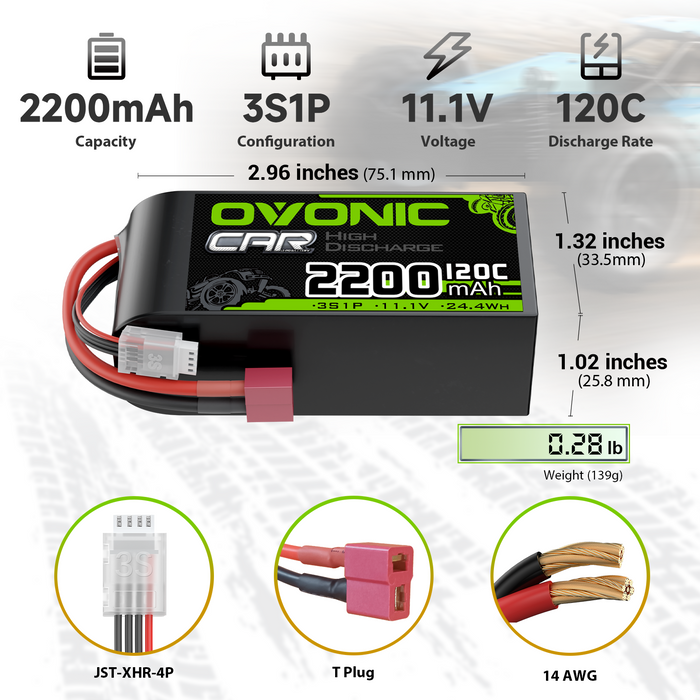 2X OVONIC 11.1V 120C 2200mah 3S Lipo Battery Deans Plug With 1-8S Lipo Voltage Tester