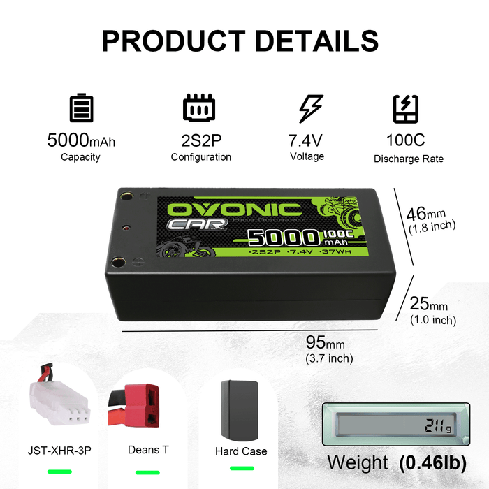 (Pre-Sale)Ovonic 100C 7.4V 5000mAh 2S2P Hardcase Shorty LiPo Battery with 4mm Bullet for 1/10 RC Buggy Truck