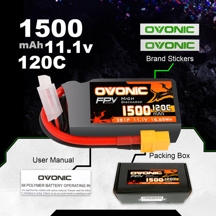 2X OVONIC 11.1V 120C 3S 1500mAh Lipo Battery XT60 for Drone FPV Quad Crawler