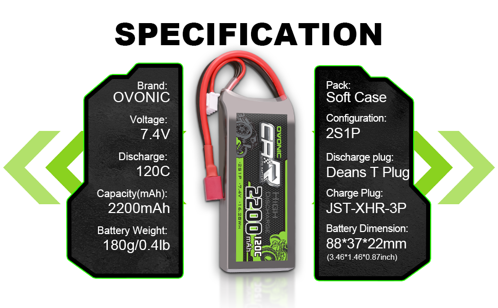 2Pcs OVONIC 2200mAh 2S 7.4V 120C LiPo Batteries with Deans Plug for RC Airplane Car