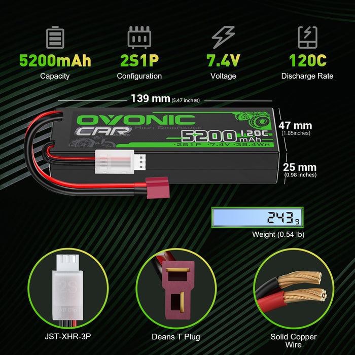 OVONIC 5200mAh 2S 7.4V 120C Hardcase Lipo Batteries Pack for 1:8 1:10 RC Car - Deans plug