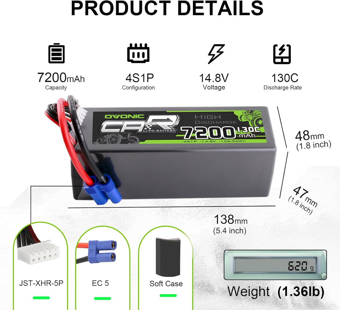 2x Ovonic 14.8V 130C 4S 7200mAh Lipo Battery EC5 for RC Car plane Jet Heli Boat