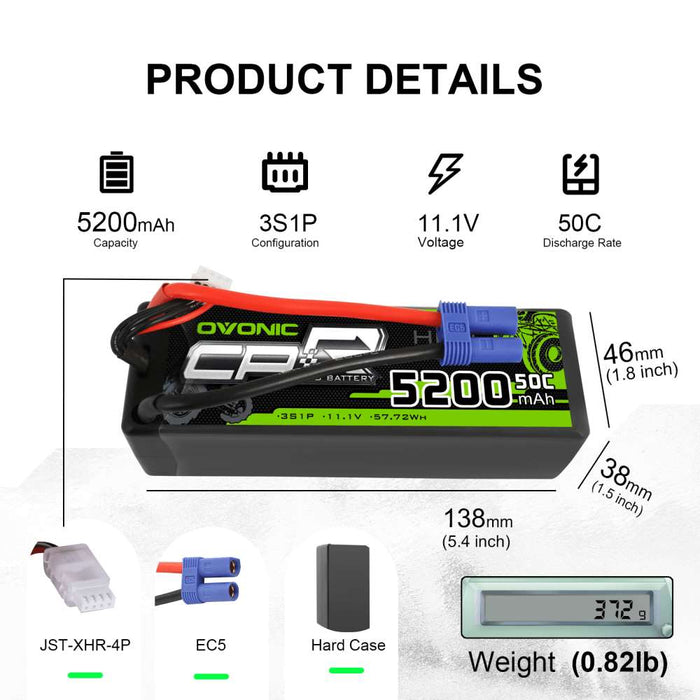 OVONIC 11.1V 5200mAh 3S 50C Hardcase LiPo Battery with EC5 Plug for Arrma 3S&6s