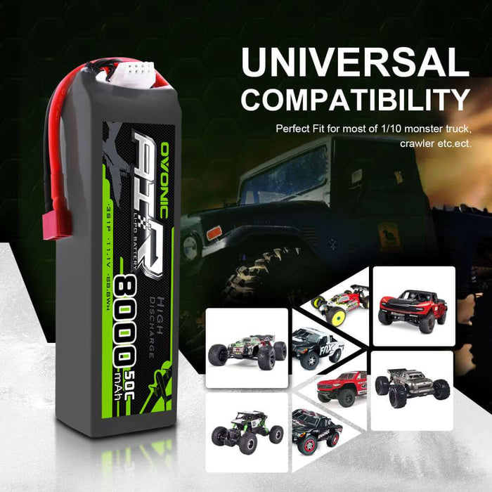 OVONIC 50C 3S 11.1V 8000mAh LiPo Batteries with T Plug for 1/10 Size RC Car