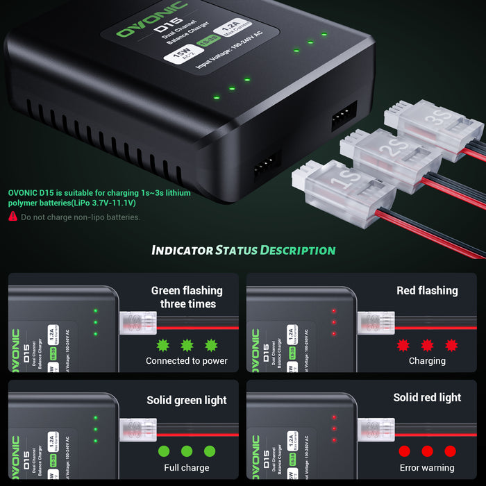 Ovonic D15 Dual 15W 1.2A LiPo Balance Charger for 1S-3S 3.7V-11.1V Lipo Battery