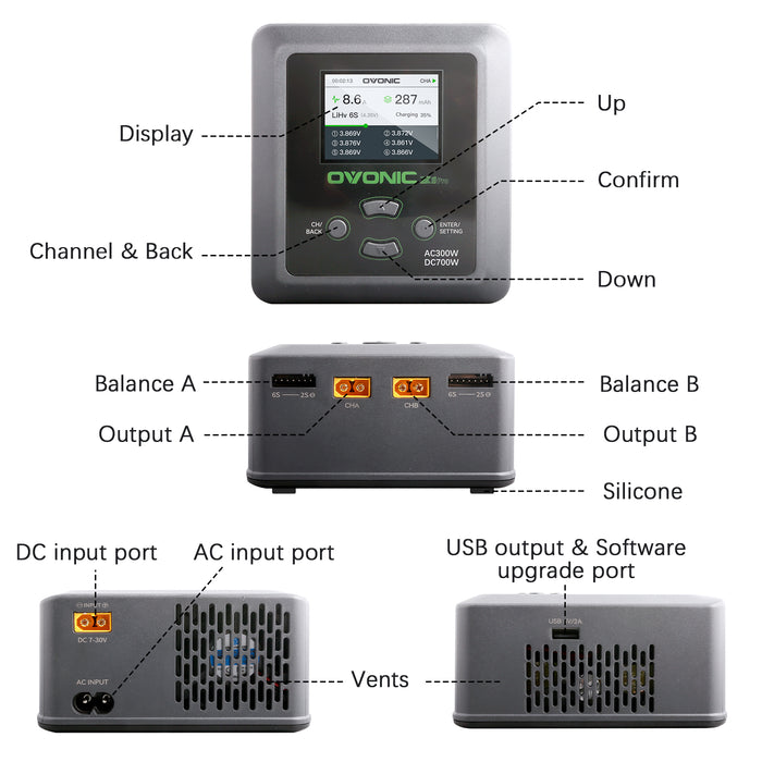 Ovonic X1 Pro Dual Channel LiPo Charger AC300W/DC700W 16A Lipo Battery Balance Charger for LiPo/LiHV/NiMH