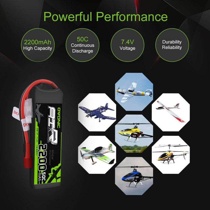 OVONIC 2200mAh 2S 7.4V 50C LiPo Batteries with T Plug for RC Airplane Car