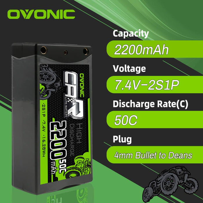 Ovonic 2S 2200mAh 7.4V 50C Hardcase Short LiPo Battery with 4mm Bullet for RC Car - Ovonicshop