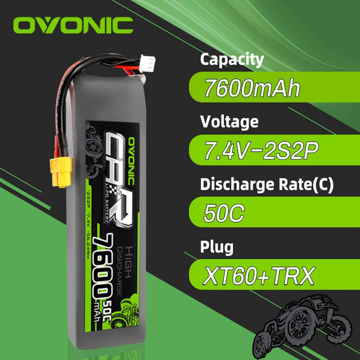 OVONIC 7.4V 7600mAh 2S2P 50C LiPo Battery with XT60 & Trx Plug for RC Car Trucks - Ovonicshop