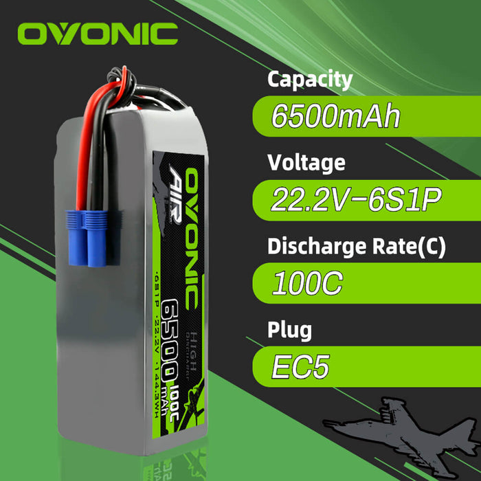 Ovonic 100C 22.2V 6500mah 6S1p Lipo Battery with EC5 Plug for EDF Multirotors ARRMA 1/8 car - Ovonicshop