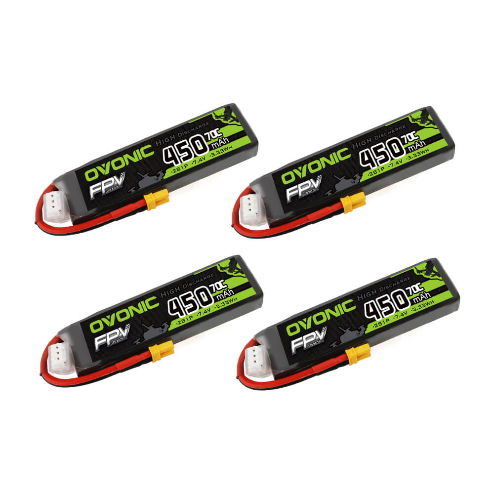 Ovonic 7.4V 450mah 2S1p 70C Lipo Battery Pack with XT30 Plug for small FPV whoops[4PCS]