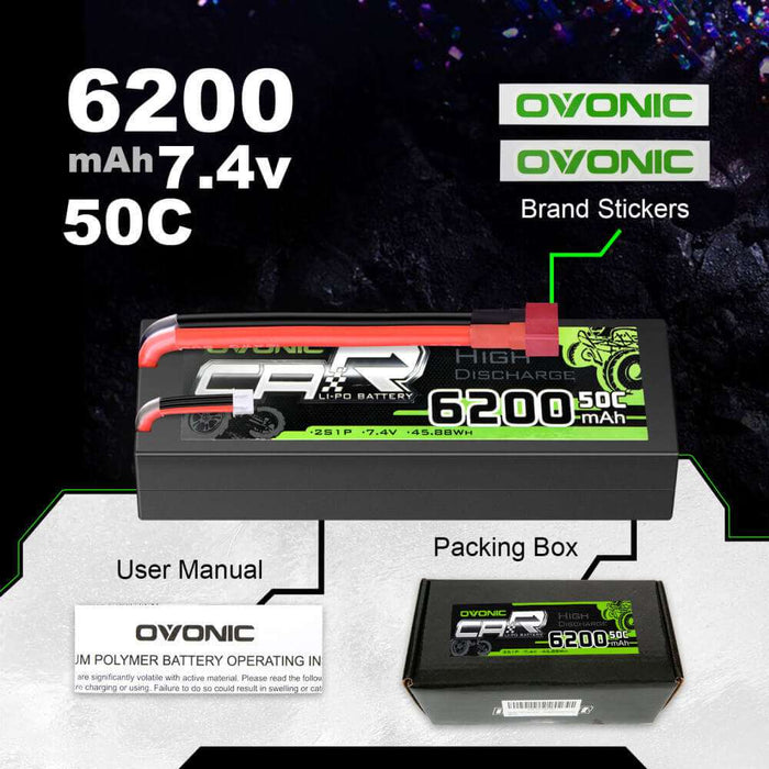 [2pcs] Ovonic 6200mAh 2S 50C 7.4V LiPo Battery Pack for 1:8 1:10 RC Car - Deans Plug