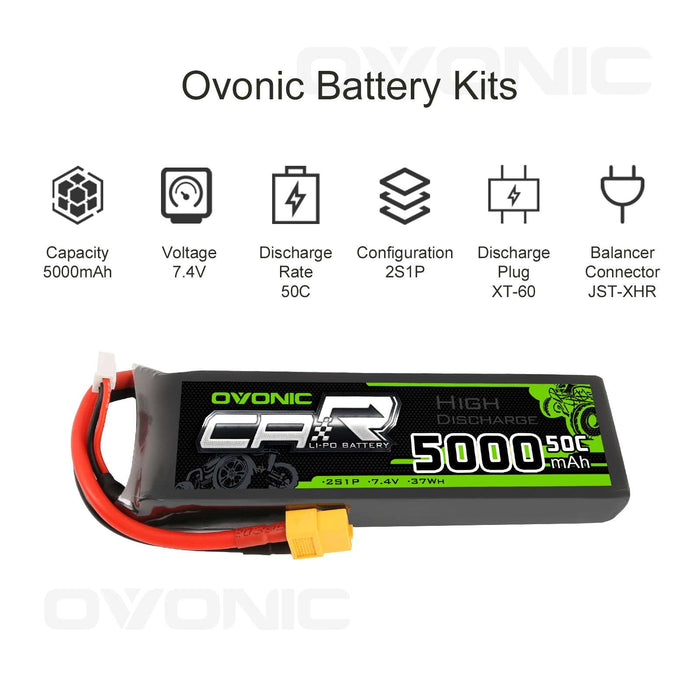 OVONIC 7.4V 5000mAh 2S 50C LiPo Battery with XT60 & Trx Plug for RC Car Trucks - Ovonicshop