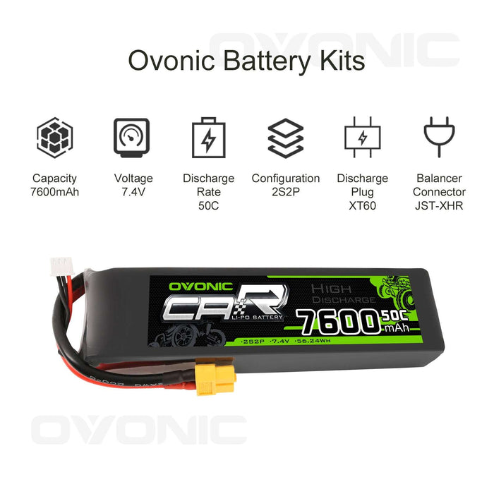 OVONIC 7.4V 7600mAh 2S2P 50C LiPo Battery with XT60 & Trx Plug for RC Car Trucks - Ovonicshop