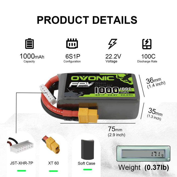 OVONIC 22.2V 100C 6S 1000mAh LiPo Battery for FPV Freestyle -  XT60 Plug