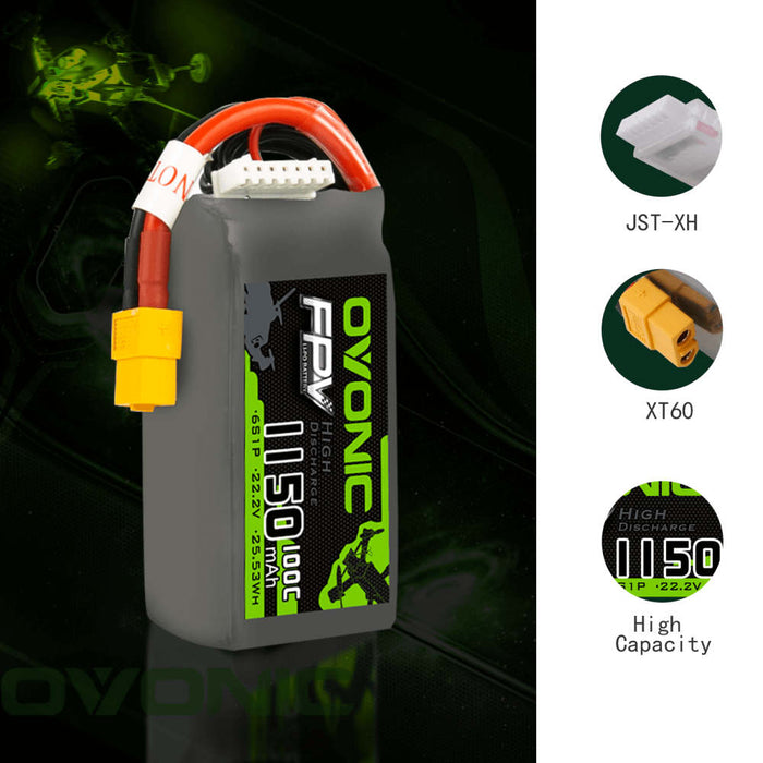 Ovonic 100C 6S 1150mAh 22.2V LiPo Battery for FPV - XT60 Plug - Ovonicshop