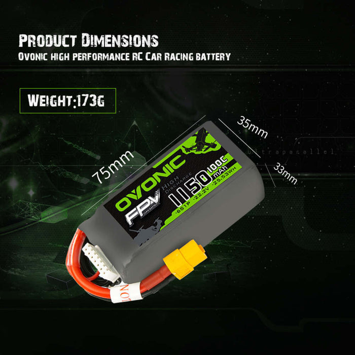 Ovonic 100C 6S 1150mAh 22.2V LiPo Battery for FPV - XT60 Plug - Ovonicshop