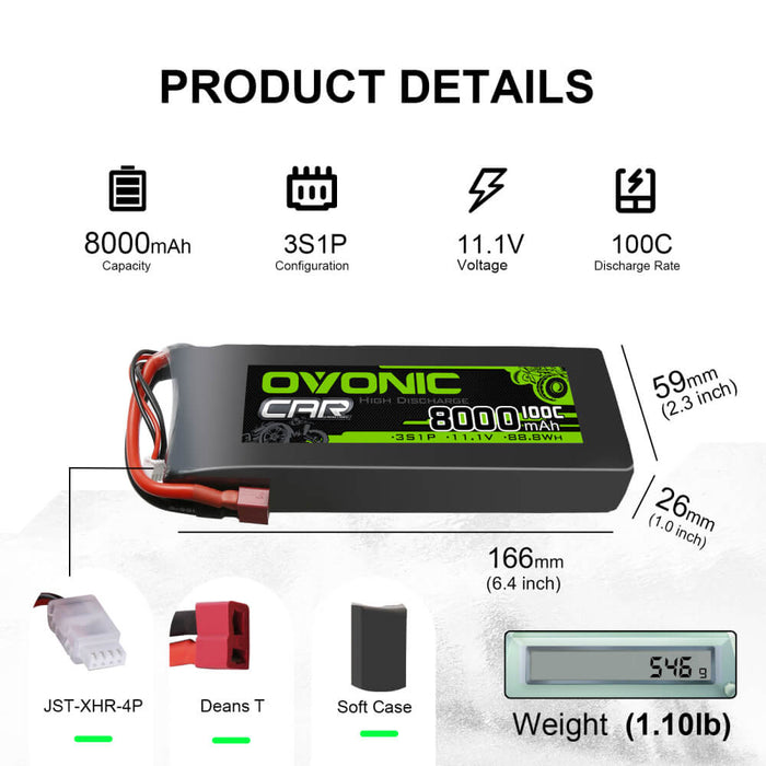 Ovonic 100C 11.1V 8000mAh 3S LiPo Battery for 1/8 and 1/10 car - Deans & XT60 Plug - Ovonicshop