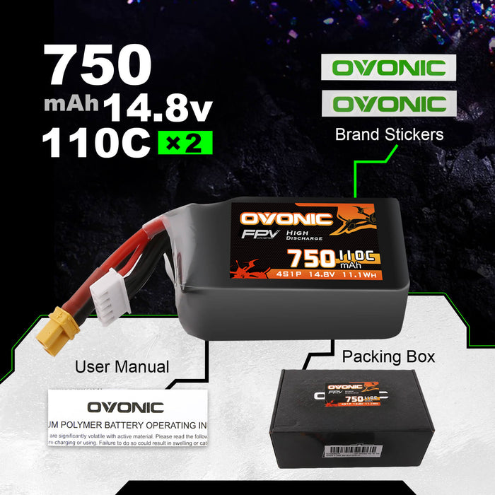 Ovonic 110C 14.8V 4S 750mAh LiPo Battery for FPV - XT30 Plug