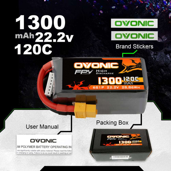 Ovonic 120C 6S 1300mAh 22.2V LiPo Battery Pack for FPV Racing - XT60 Plug