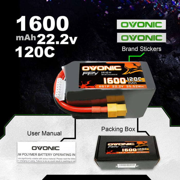 Ovonic 120C 22.2V 6S 1600mAh LiPo Battery for FPV Racing - XT60 Plug