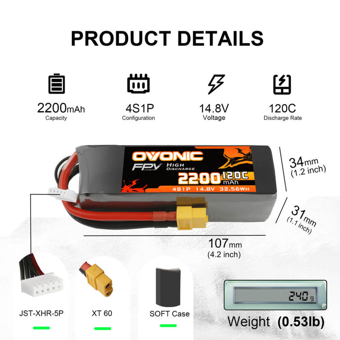 Ovonic 120C 4S 2200mAh 14.8V LiPo Battery Pack for FPV RC Aircraft - XT60 Plug - Ovonicshop