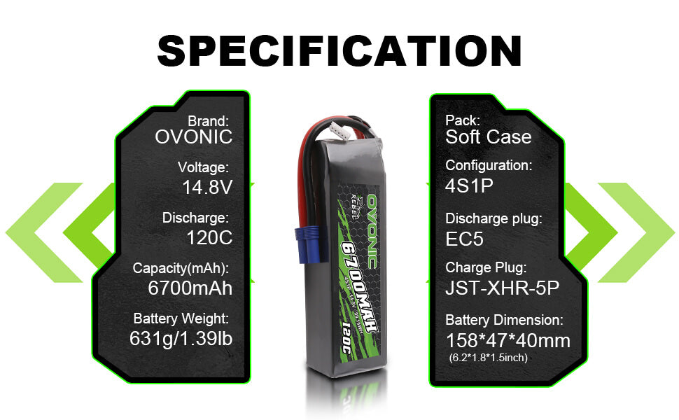 Ovonic 120C 14.8V 4S 6700mAh LiPo Battery for ARRMA Car - EC5 Plug