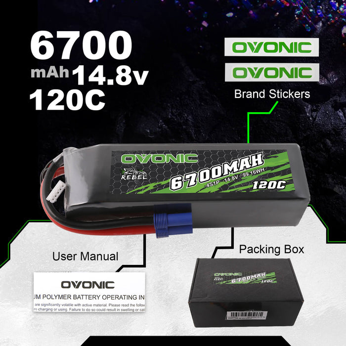 Ovonic 120C 14.8V 4S 6700mAh LiPo Battery for ARRMA Car - EC5 Plug