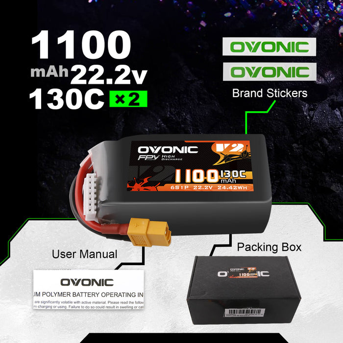 Ovonic 130C 22.2V 6S 1100mAh  LiPo Battery for FPV Racing - XT60 Plug