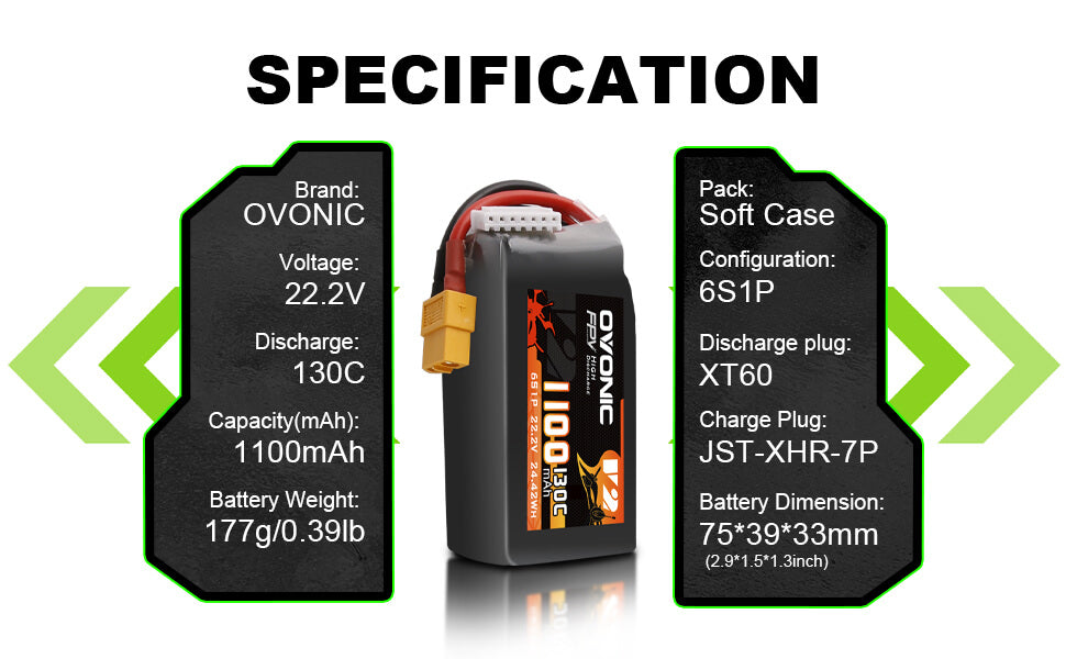 Ovonic 130C 22.2V 6S 1100mAh  LiPo Battery for FPV Racing - XT60 Plug