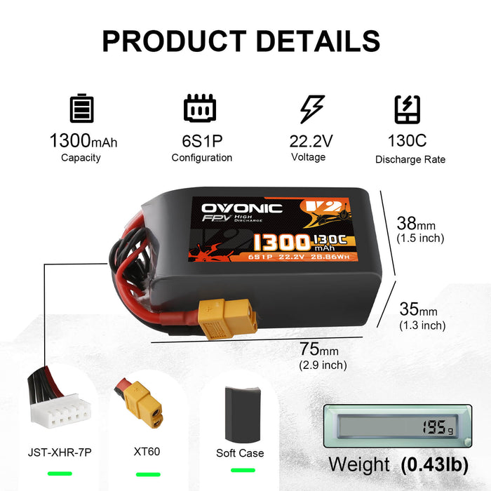 (Pre-sale)Ovonic 130C 22.2V 6S 1300mAh XT60 LiPo Battery for FPV Racing