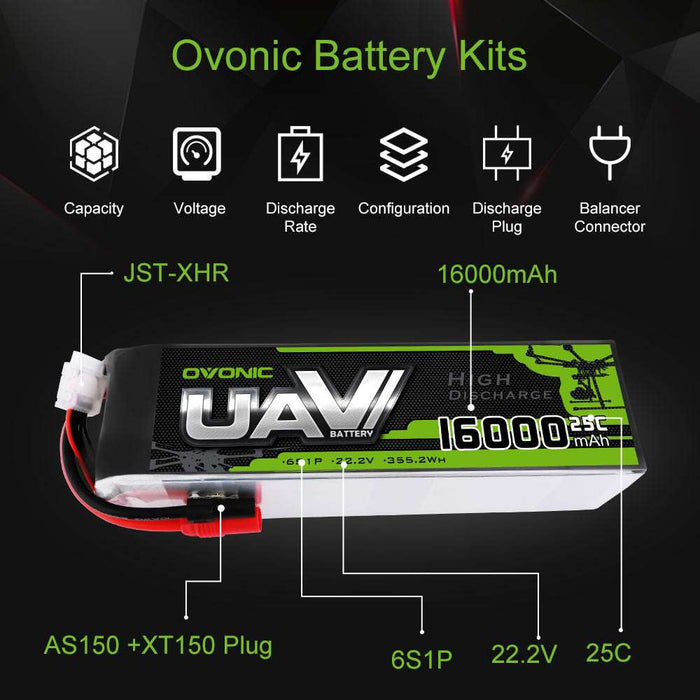 OVONIC 6S 22.2V 16000mAh 25C LiPo Battery Pack with AS150 Plug for UAV Drone - Ovonicshop