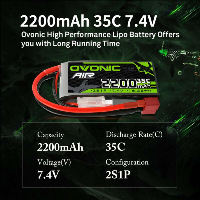 Ovonic 2S 2200mAh 35C 7.4V Short LiPo Battery for Aircraft Drone - Deans Plug