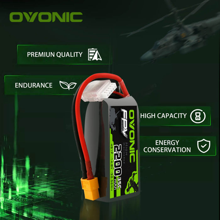 Ovonic 35C 4S 14.8V 2200mAh Short LiPo Battery Pack for Plane FPV Drone - XT60 Plug