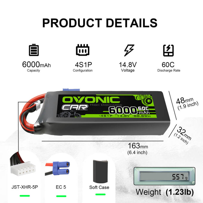 Ovonic 60C 14.8V 4S 6000mAh LiPo Battery Pack for 1/5 to 1/8 car- EC5 Plug - Ovonicshop