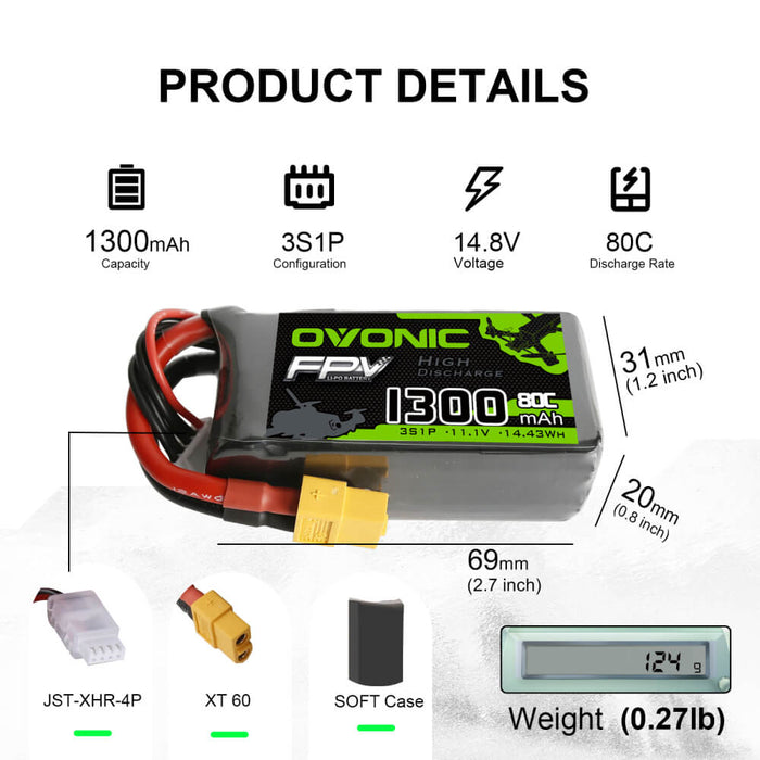 OVONIC 1300mAh 3S 11.1V 80C LiPo Battery with XT60 Plug for FPV - Ovonicshop