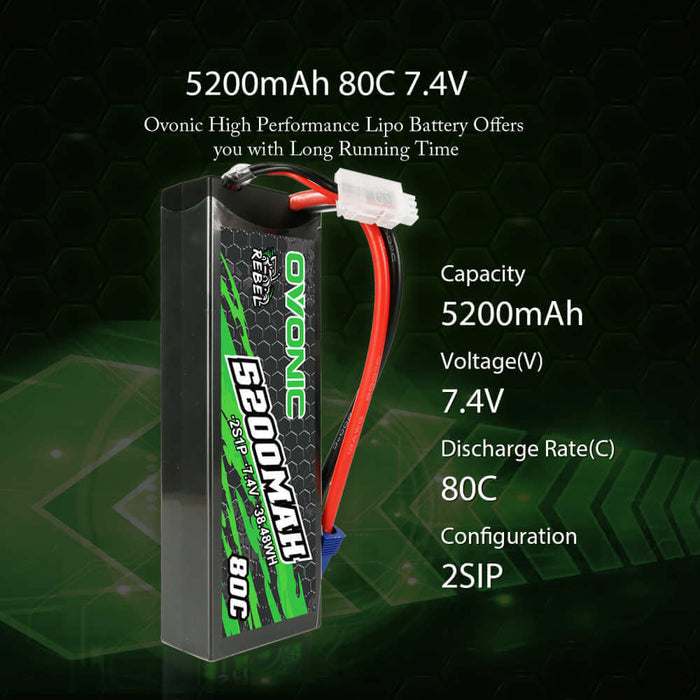 Ovonic Rebel 80C 2S 5200mAh 7.4V LiPo Battery for RC CAR ARRMA GRANITE - EC5 Plug - Ovonicshop