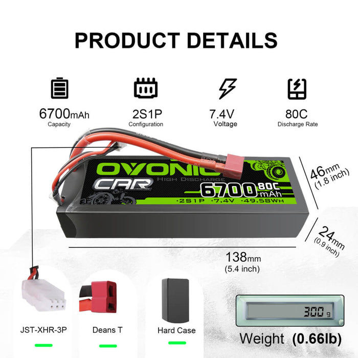 [2pcs] Ovonic 80C 6700mAh 2S 7.4V Hardcase LiPo Battery for 1/10 Stampede Slash Car- Deans Plug - Ovonicshop