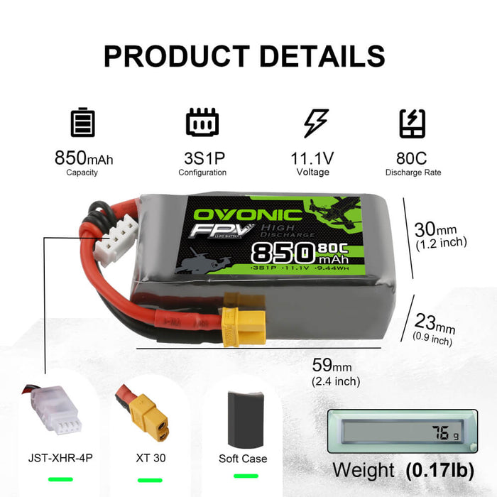 Ovonic 11.1V 3S 850mAh 80C Lipo Battery with XT30 Plug for FPV - Ovonicshop